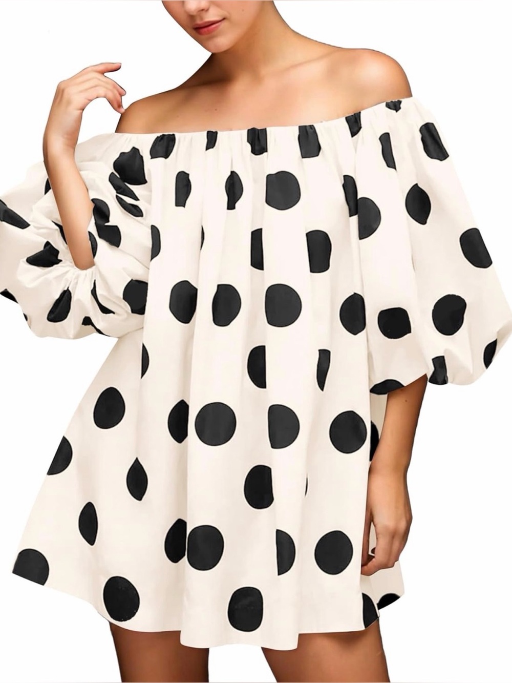 Off-Shoulder Black & White Polka Dot Mini Dress